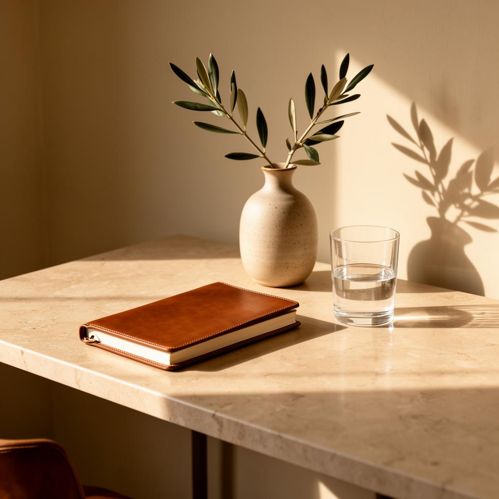 Minimalist marble desk with a leather notebook and an olive branch in soft afternoon light