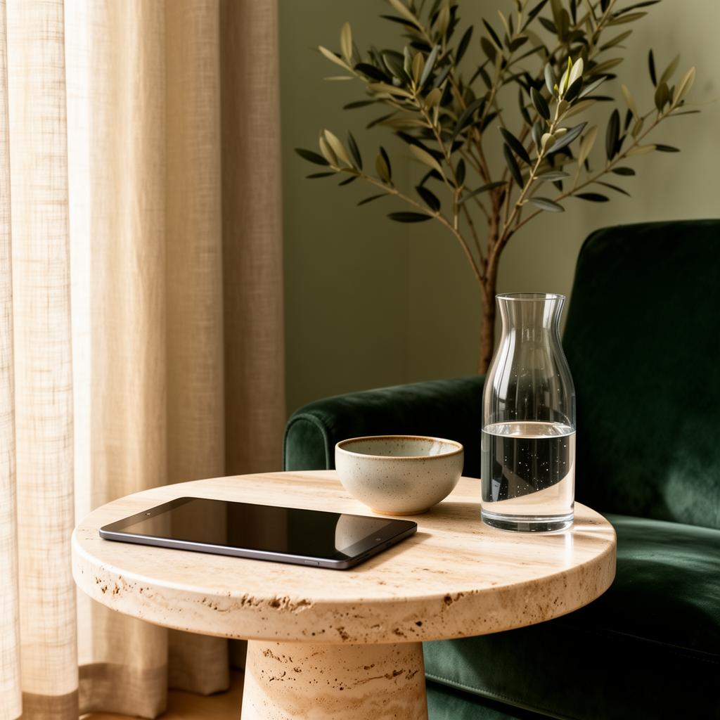 A travertine side table with a tablet, a ceramic bowl and a glass carafe beside a dark green armchair