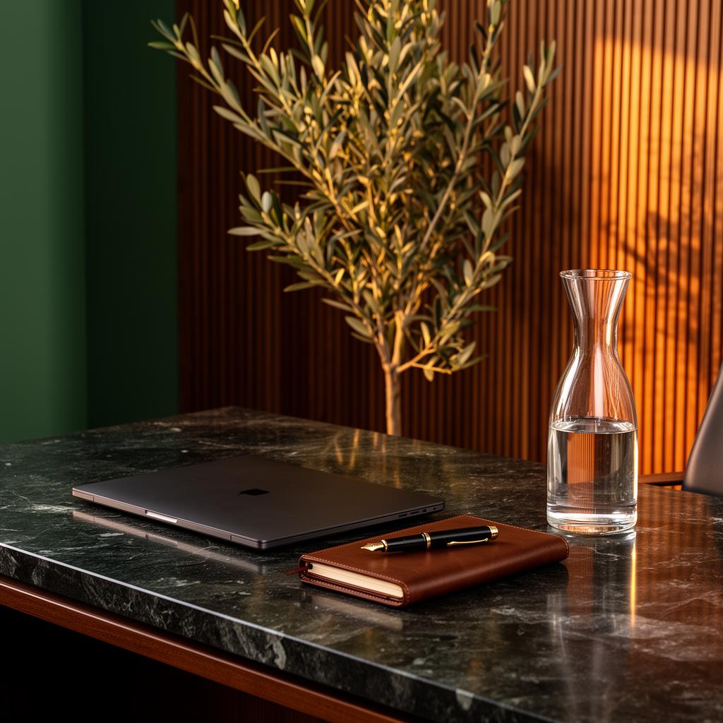 A dark stone executive desk with a closed laptop, a leather notebook and a glass carafe at golden hour